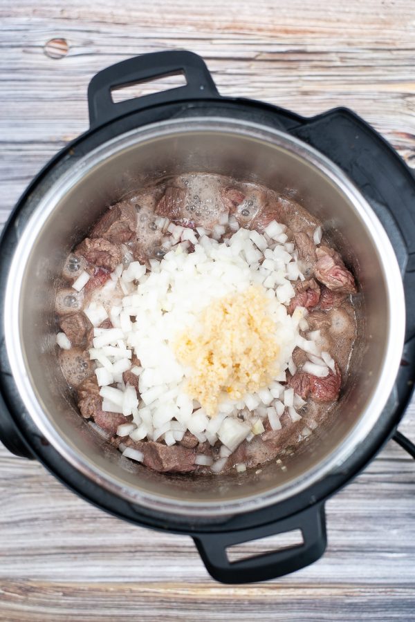instant pot full of beef stew and onion