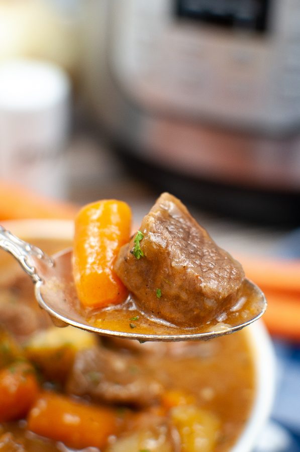 Spoonful of beef stew with carrots and meat